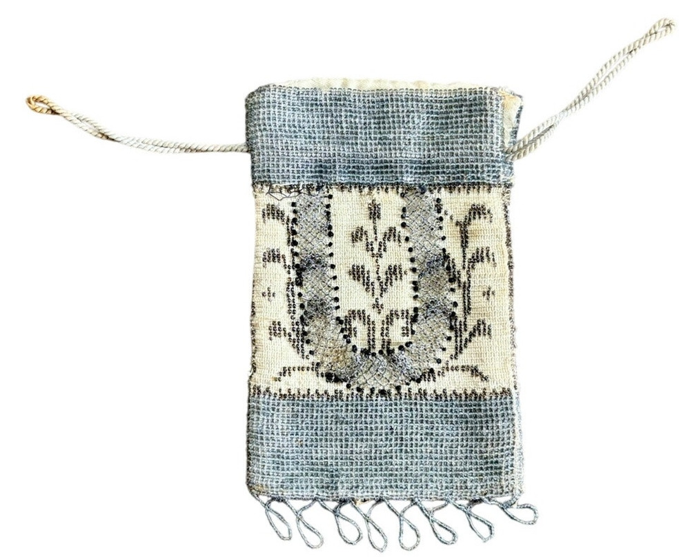 Antique 1920s Micro Beaded Drawstring Purse Flapper Reticule Grey Beige Art Deco